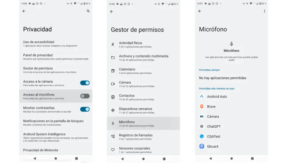 Proceso para retirar el acceso al micrófono de aplicaciones en Android.