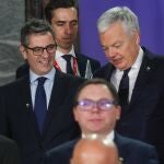 Spanish Minister for the Presidency, Justice and Parliamentary Relations Felix Bolanos (L) and European Commissioner for Justice Didier Reynders during an Informal European Justice ministers council in Brussels, Belgium, 26 January 2024. 