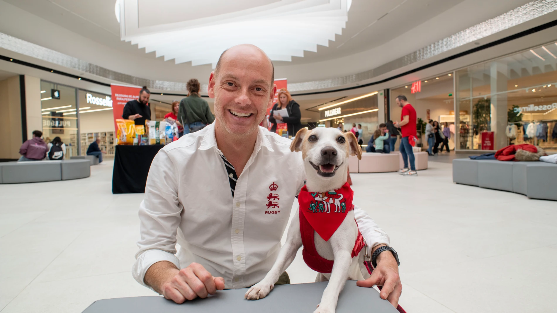JAÉN, 27/01/2024.-Pablo Muñoz Gabilondo el dueño del perro viajero Pipper, este sábado en el centro comercial Jaén Plaza para conseguir alimentos para perros abandonados. El famoso perro viajero nacido en Gipuzkoa que ha recorrido más de 70.000 kilómetros por toda España para sensibilizar a la población sobre los derechos de las mascotas, ha sido en Jaén el embajador del acto solidario de recogida de alimentos para animales abandonados que esperan una familia adoptiva.EFE/ José Manuel Pedrosa