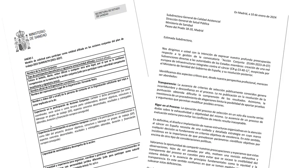 Modelo de solicitud que recibieron las consejerías de Sanidad y la carta enviada por los 30 jefes de servicio de Oncología de hospitales españoles al Ministerio de Sanidad.