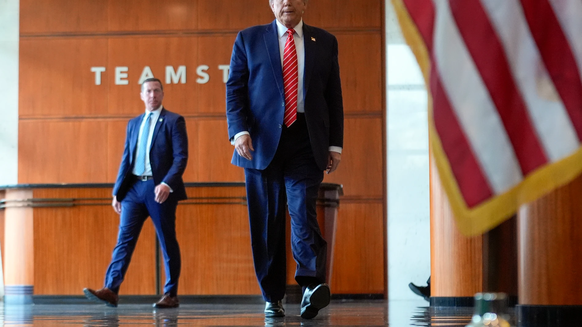 Republican presidential candidate former President Donald Trump arrives to speak after meeting with members of the International Brotherhood of Teamsters at their headquarters in Washington, Wednesday, Jan. 31, 2024. (AP Photo/Andrew Harnik)