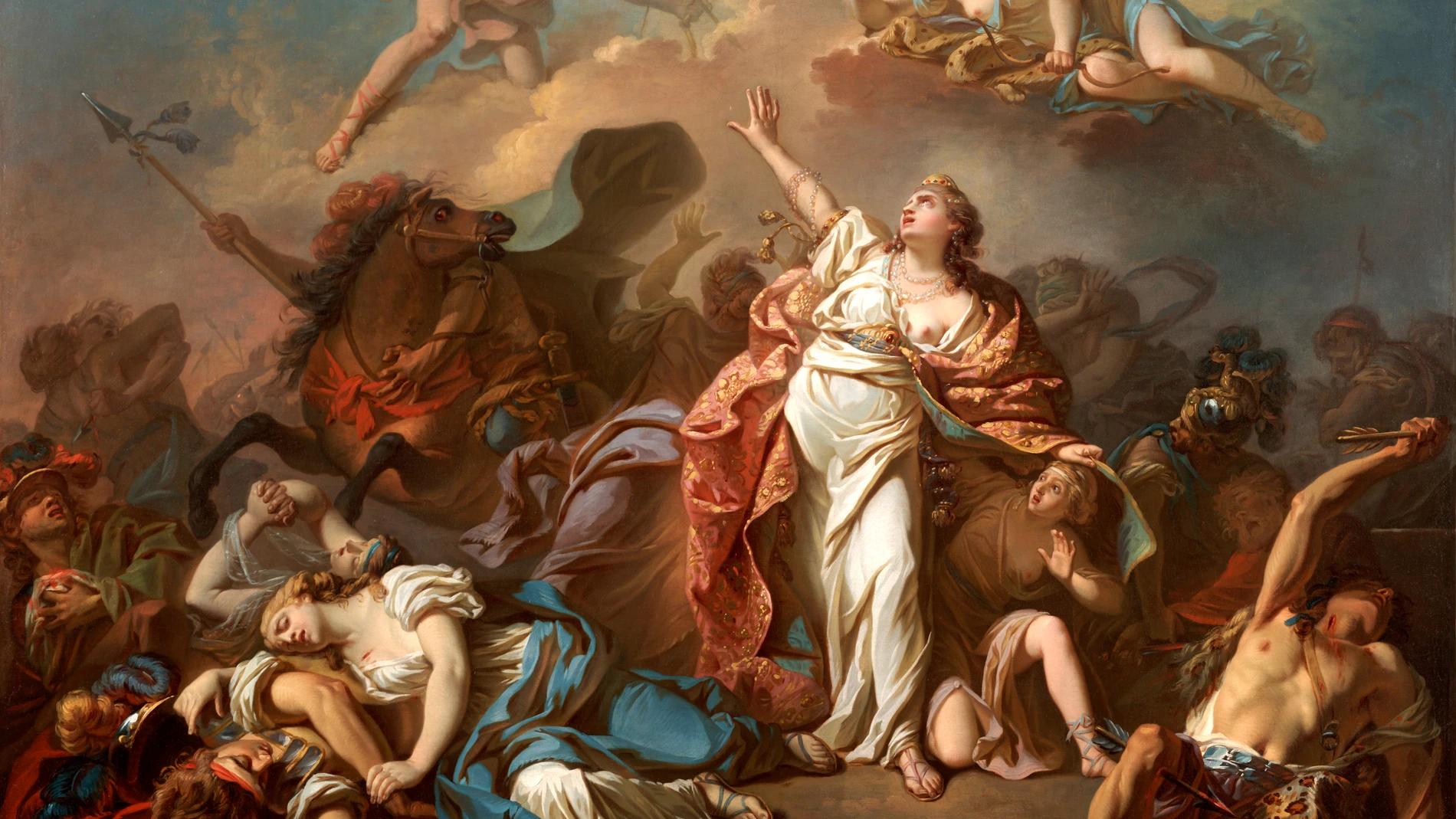 Níobe intenta proteger a sus hijos de Artemisa y Apolo en una obra de Jacques-Louis David