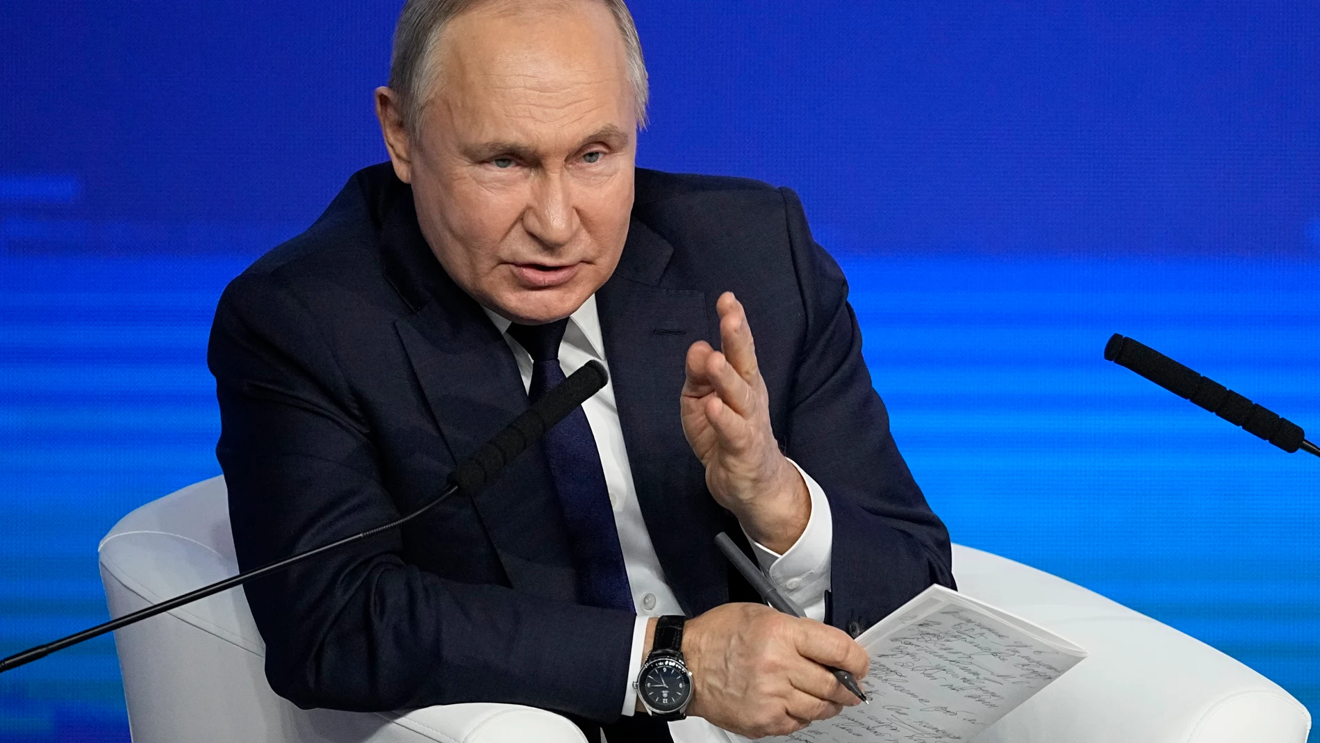 Russian President Vladimir Putin speaks during a meeting with his election campaign activists in Moscow, Russia, Wednesday, Jan. 31, 2024. Presidential elections are scheduled in Russia for March 17. (AP Photo/Alexander Zemlianichenko, Pool)