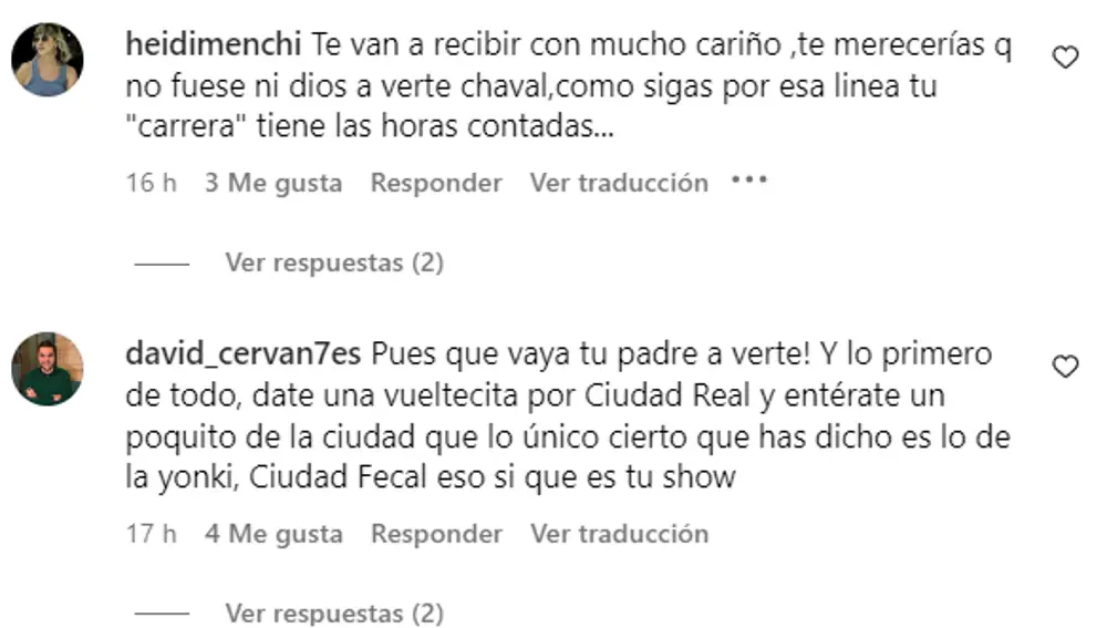 Comentarios de ciudarrealeños al vídeo de David Suarez en Instagram