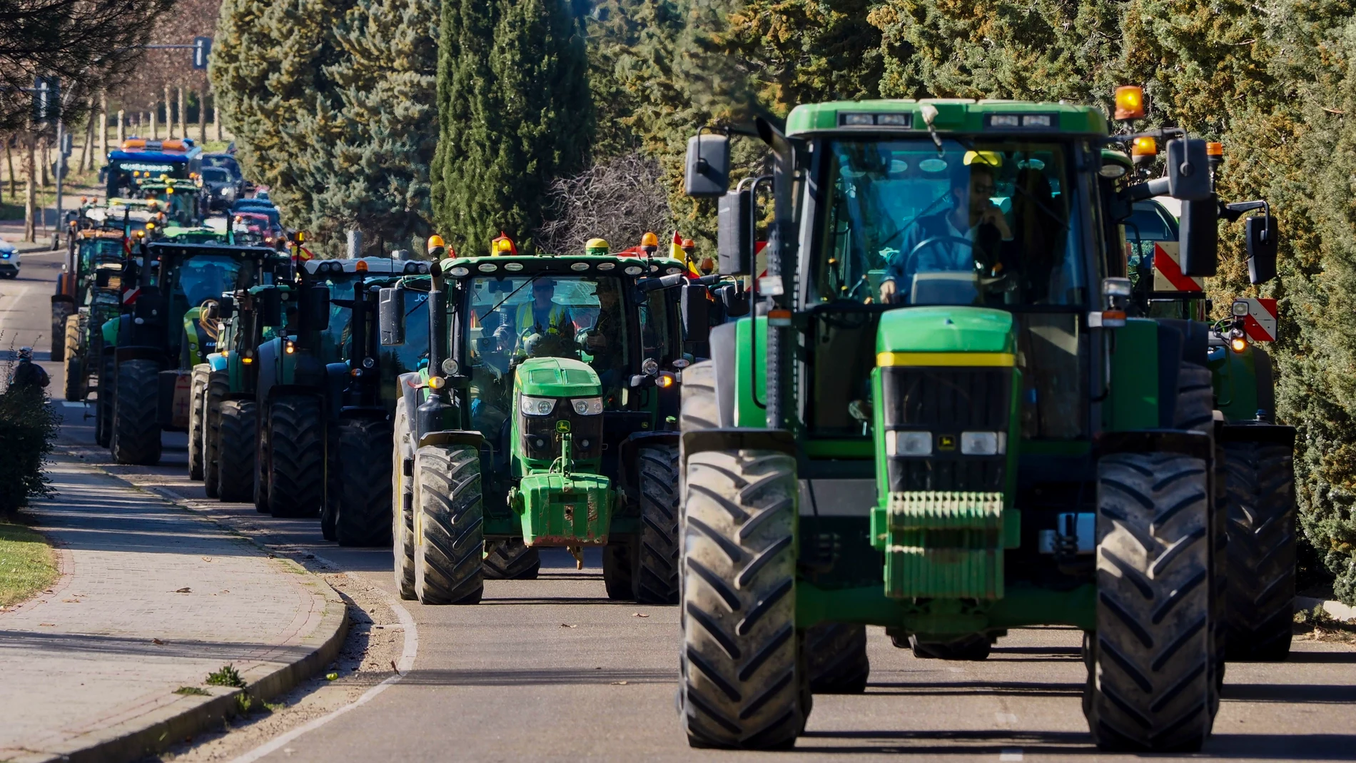 VALLADOLID, 02/02/2024.- Medio centenar de agricultores y ganaderos han protagonizado este viernes en Valladolid una protesta para "hacer ver" los problemas del campo y que ha consistido en una tractorada que ha partido del aparcamiento del estadio Zorrilla para terminar en Mercaolid, tras recorrer parte de la Avenida Salamanca y continuar por la avenida de Zamora, donde han ocasionado atascos y problemas de tráfico. EFE/ R. García