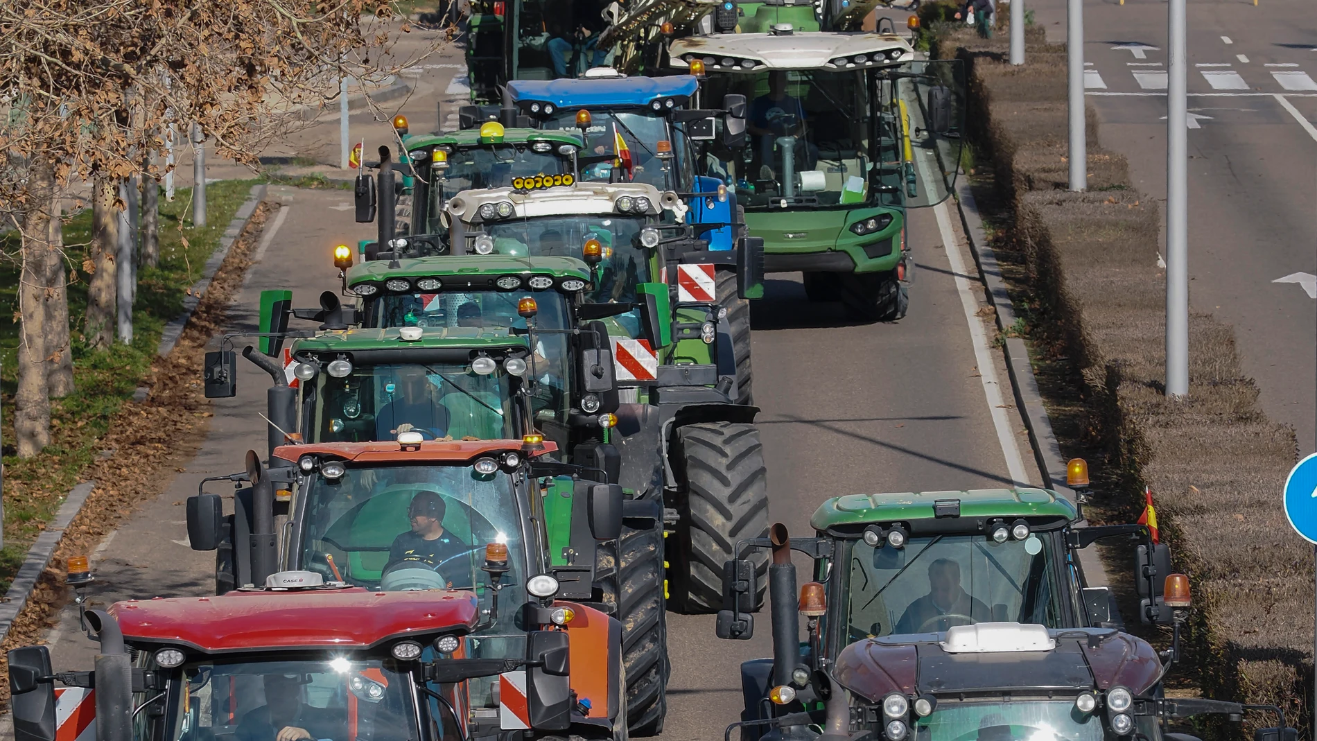 VALLADOLID, 02/02/2024.- Medio centenar de agricultores y ganaderos han protagonizado este viernes en Valladolid una protesta para "hacer ver" los problemas del campo y que ha consistido en una tractorada que ha partido del aparcamiento del estadio Zorrilla para terminar en Mercaolid, tras recorrer parte de la Avenida Salamanca y continuar por la avenida de Zamora, donde han ocasionado atascos y problemas de tráfico. EFE/ R. García