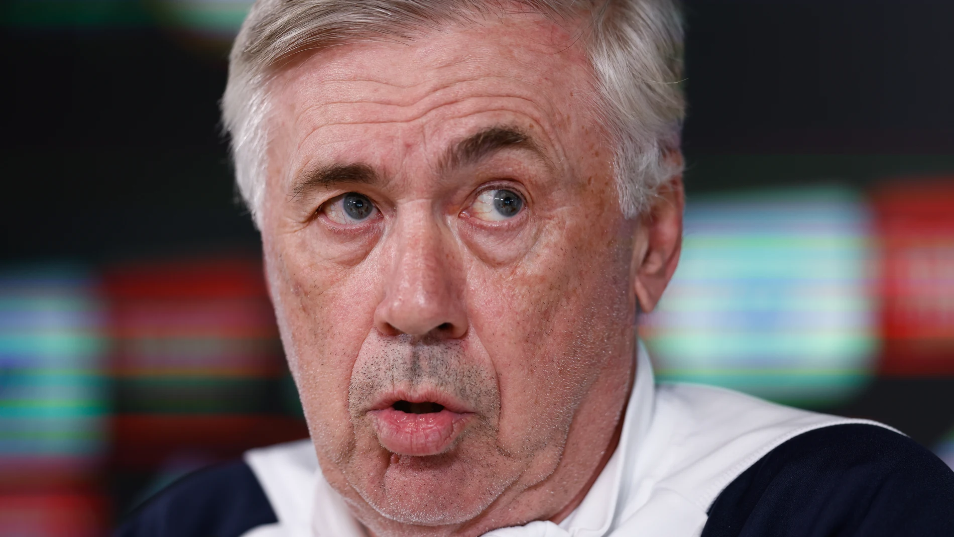 Carlo Ancelotti, head coach of Real Madrid, attends his press conference during the training day of Real Madrid before the LaLiga EA Sports football match against Atletico de Madrid at Ciudad Deportiva Real madrid on February 03, 2024 in Valdebebas, Madrid, Spain. AFP7 03/02/2024 ONLY FOR USE IN SPAIN
