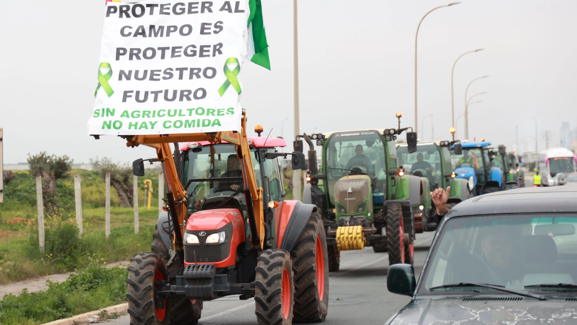 Tractores cortan la carretera SE-3205 de acceso al polígono La Isla de Dos Hermanas (Sevilla). A 8 de febrero de 2024, en Dos Hermanas, Sevilla (Andalucía, España). El tramo de la carretera provincial SE-3205 que conduce al polígono La Isla, en Dos Hermanas (Sevilla), ha sido cortado en la mañana de este jueves como consecuencia de las protestas protagonizadas por agricultores, tras ser convocadas por las redes sociales y sin autorización oficial, en contra de las políticas europeas de sosten...