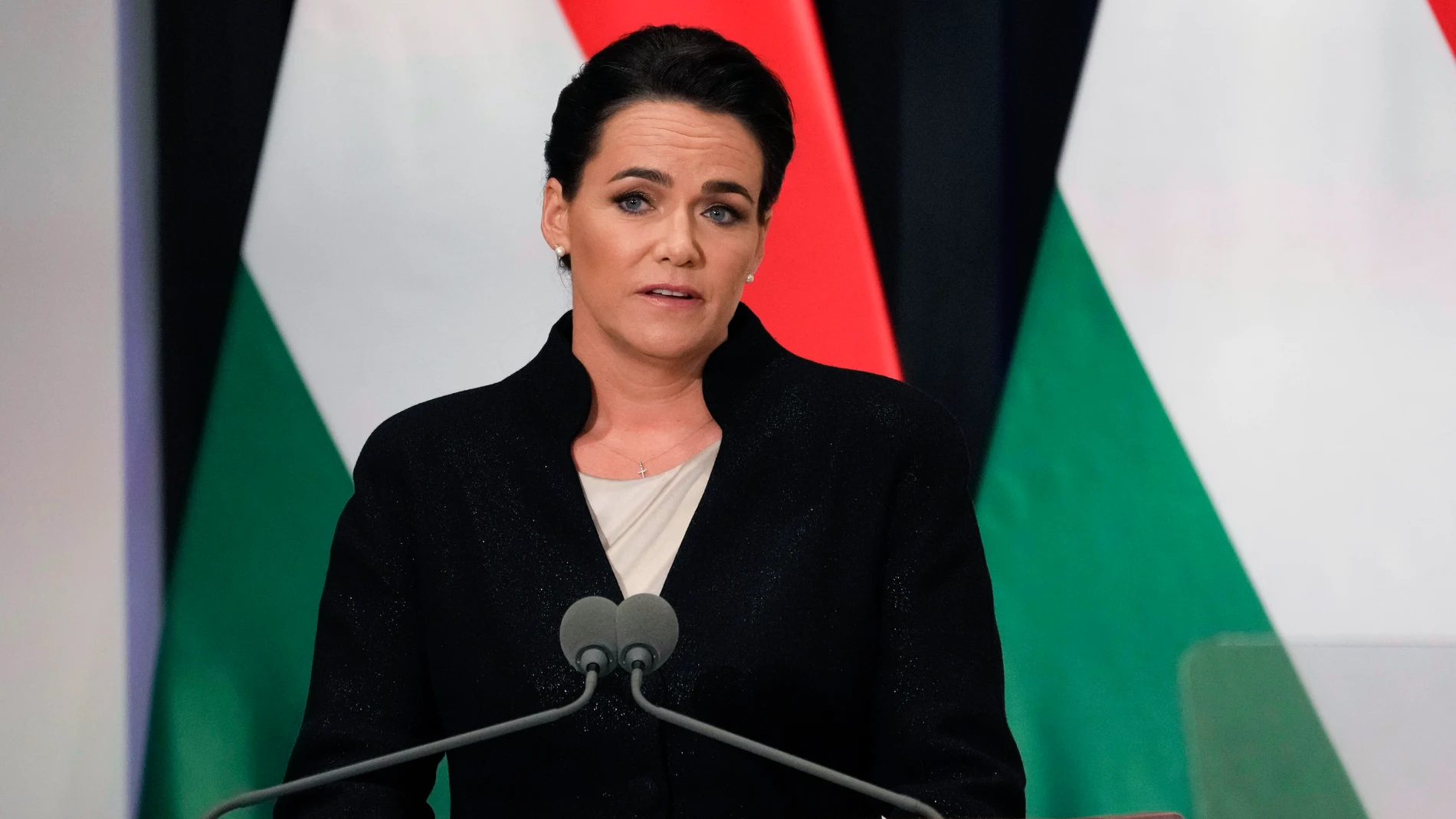 FILE - Hungarian President Katalin Novàk delivers her speech during Pope Francis' meeting with the authorities, civil society, and the diplomatic corps in the former Carmelite Monastery in Budapest, Hungary, April 28, 2023. Hungary’s conservative president has resigned amid public outcry over a pardon she granted to a man convicted as an accomplice in a child sexual abuse case, a decision that unleashed an unprecedented political scandal for the long-serving nationalist government. Katalin No...