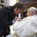 Pope Francis meets Argentina's President Javier Milei in St. Peter's Basilica prior to the Mass for Canonization of Maria Antonia of Saint Joseph de Paz y Figueroa, Vatican City, 11 February 2024. 
