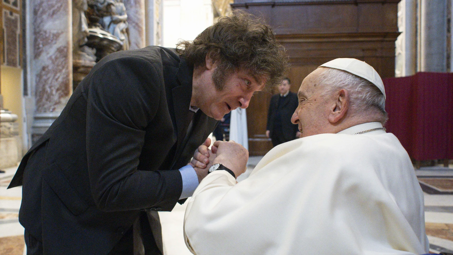 Pope Francis meets Argentina's President Javier Milei in St. Peter's Basilica prior to the Mass for Canonization of Maria Antonia of Saint Joseph de Paz y Figueroa, Vatican City, 11 February 2024.