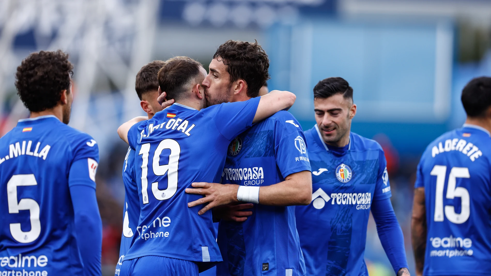 Jaime Mata of Getafe CF celebrates a goal with teammates during the Spanish League, LaLiga EA Sports, football match played between Getafe CF and RC Celta de Vigo at Coliseum de Getafe stadium on February 11, 2024, in Getafe, Madrid, Spain. AFP7 11/02/2024 ONLY FOR USE IN SPAIN