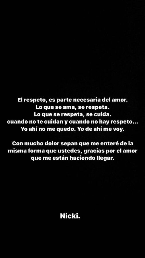 Mensaje publicado por Nicki Nicole en su cuenta de Instagram 