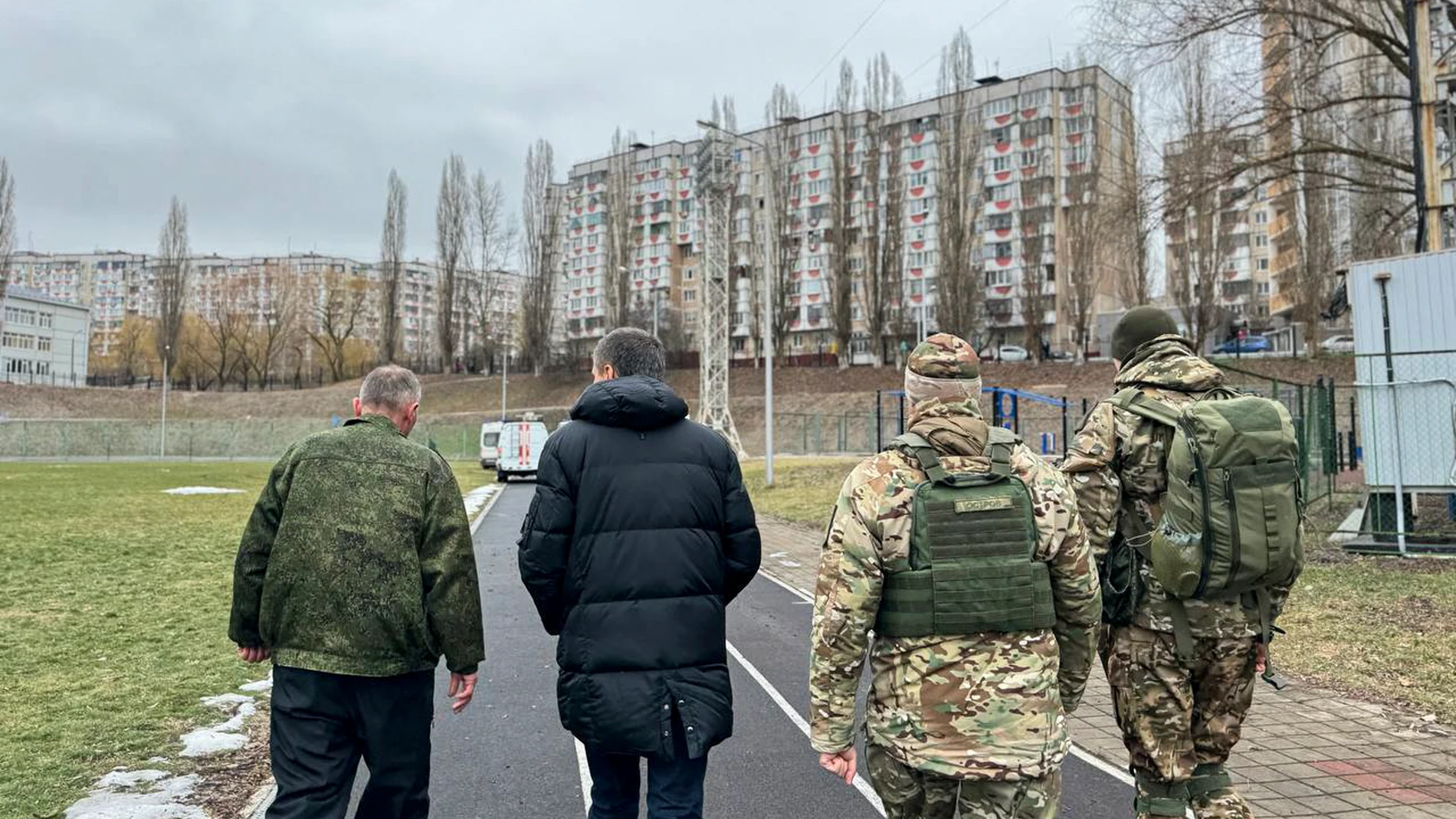 Belgorod (Russian Federation), 15/02/2024.- A handout picture made available by the Governor of the Belgorod Region Vyacheslav Gladkov's telegram channel showing Gladkov (C) at the scene following shelling in central Belgorod, 650km from Moscow, Russia, 15 February 2024. Gladkov reported that five people were killed, including one child, and another 18 people were injured, five of them children, as a result of shelling from Ukraine. (Rusia, Ucrania, Moscú) EFE/EPA/BELGOROD GUVERNER VYACHESLAV...