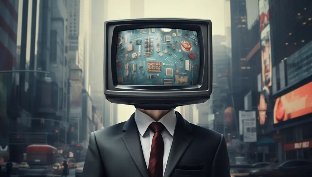 Hombre con traje y un monitor de televisión por cabeza