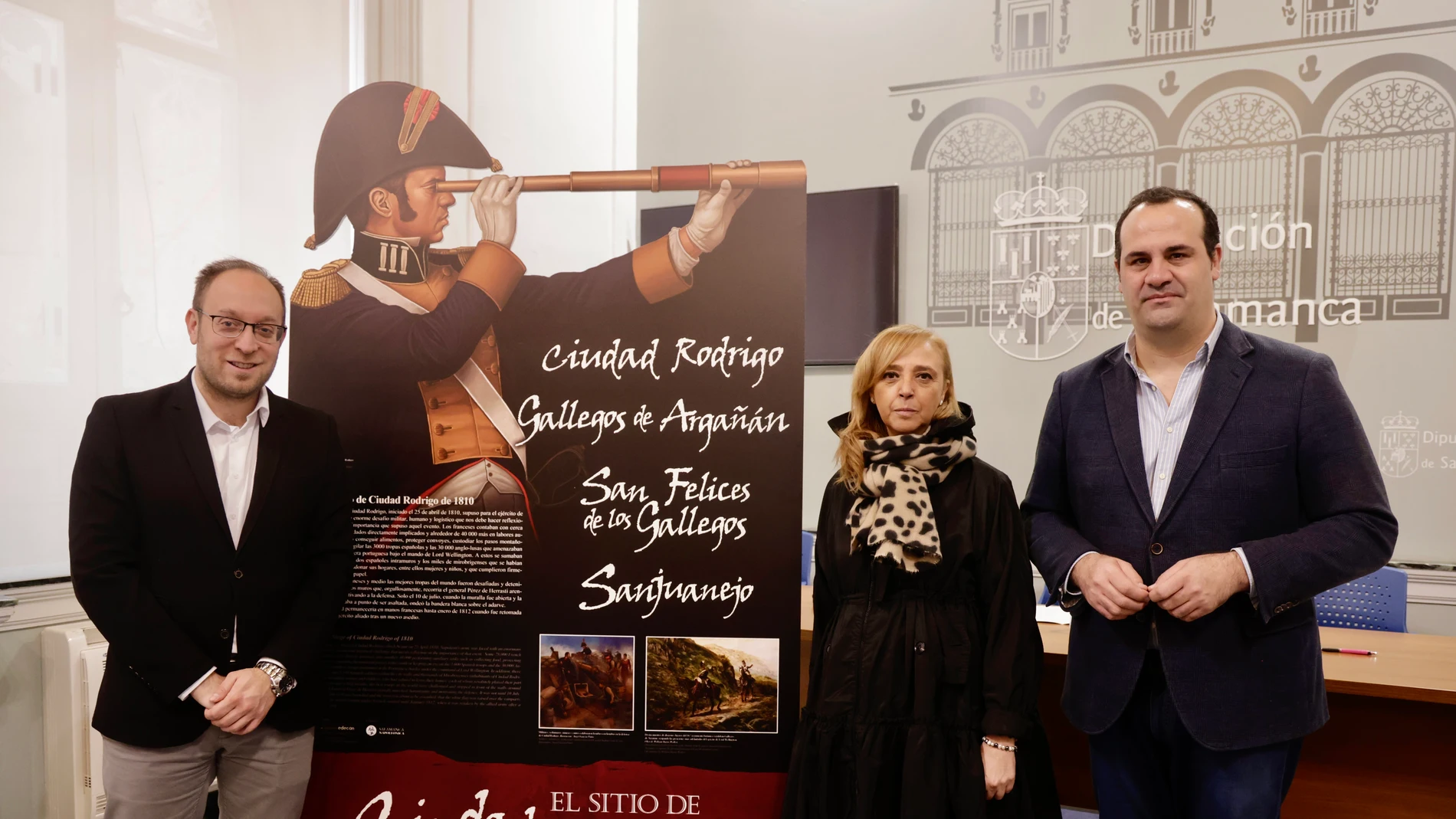 El diputado de Cultura, David Mingo, junto a los alcaldes de Ciudad Rodrigo, Marcos Iglesias, y de San Felices de los Gallegos, Marian Redero, presenta la ‘ruta interpretativa ’El sitio de Ciudad Rodrigo de 1810'
