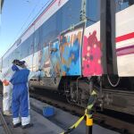 Operarios limpian grafitis de varios vagones