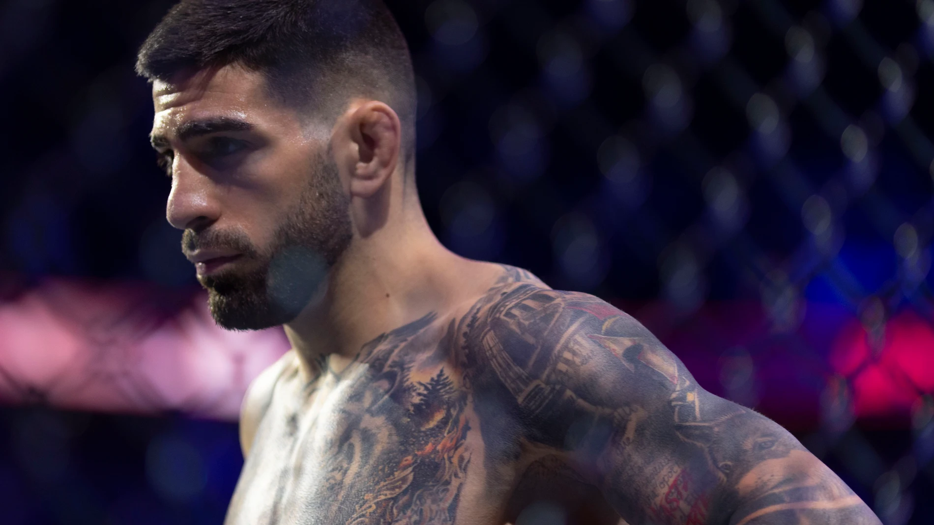 ANAHEIM (EE.UU.), 18/02/2024.- El luchador hispanogeorgiano Ilia Topuria, durante su pelea contra el australiano Alexander Volkanovski, por el título de peso pluma, durante un combate del UFC298 celebrado el sábado en el pabellón Honda Center de la ciudad de Anaheim (California, EE.UU.). Topuria se proclamó este sábado campeón mundial de UFC en la categoría de peso pluma tras arrebatar dicho título a Volkanovski gracias a un KO en el segundo asalto. EFE/Armando Arorizo
