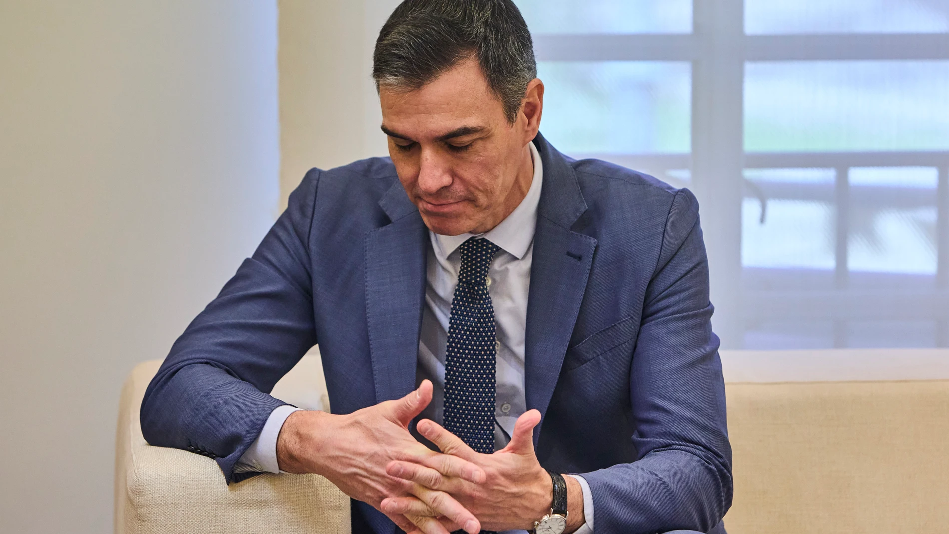 El presidente del Gobierno, Pedro Sánchez durante su encuentro con el ministro de Exteriores chino, Wang Yi celebrado este lunes en La Moncloa,© Alberto R. Roldán / Diario La Razón.19 02 2024
