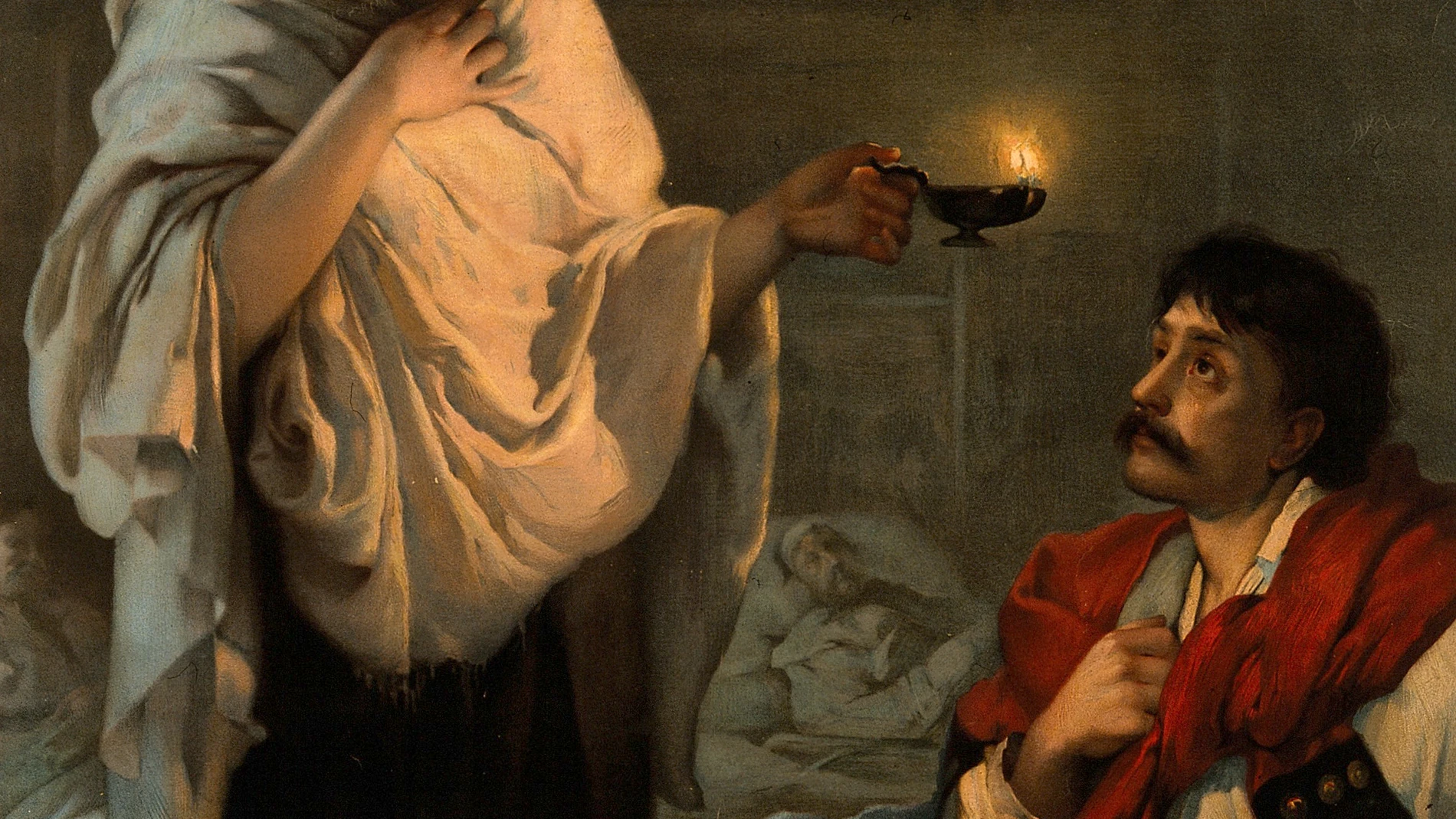 Litografia del cuadro de Henrietta Rae (1891) de la enfermera Florence Nightingale donde se la ve como "la dama de la lámpara"