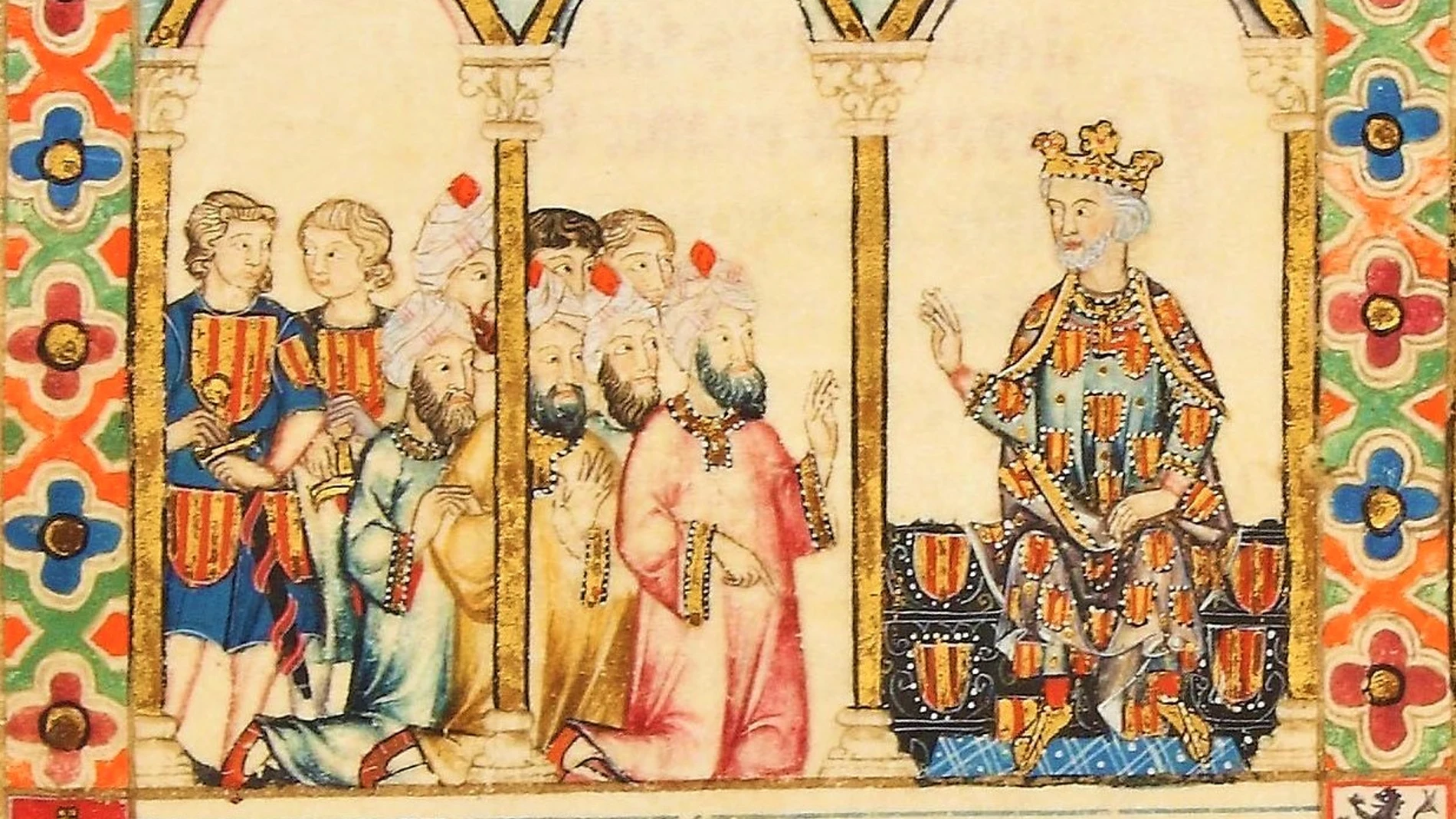 Miniatura de las Cantigas de Santa María. El rey Jaime I de Aragón negocia con los andalusíes la entrega de la mezquita mayor de Murcia, en el año 1266