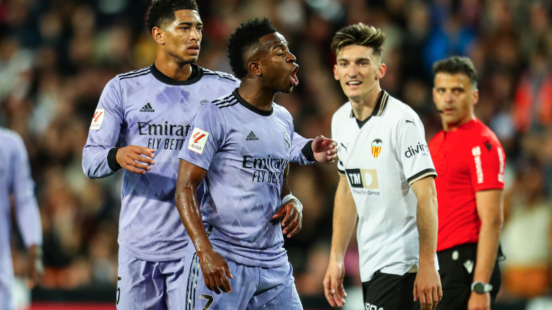 Vinicius Junior of Real Madrid gestures during the Spanish league, La Liga EA Sports, football match played between Valencia CF and Real Madrid at Mestalla stadium on March 2, 2024, in Valencia, Spain. AFP7 02/03/2024 ONLY FOR USE IN SPAIN