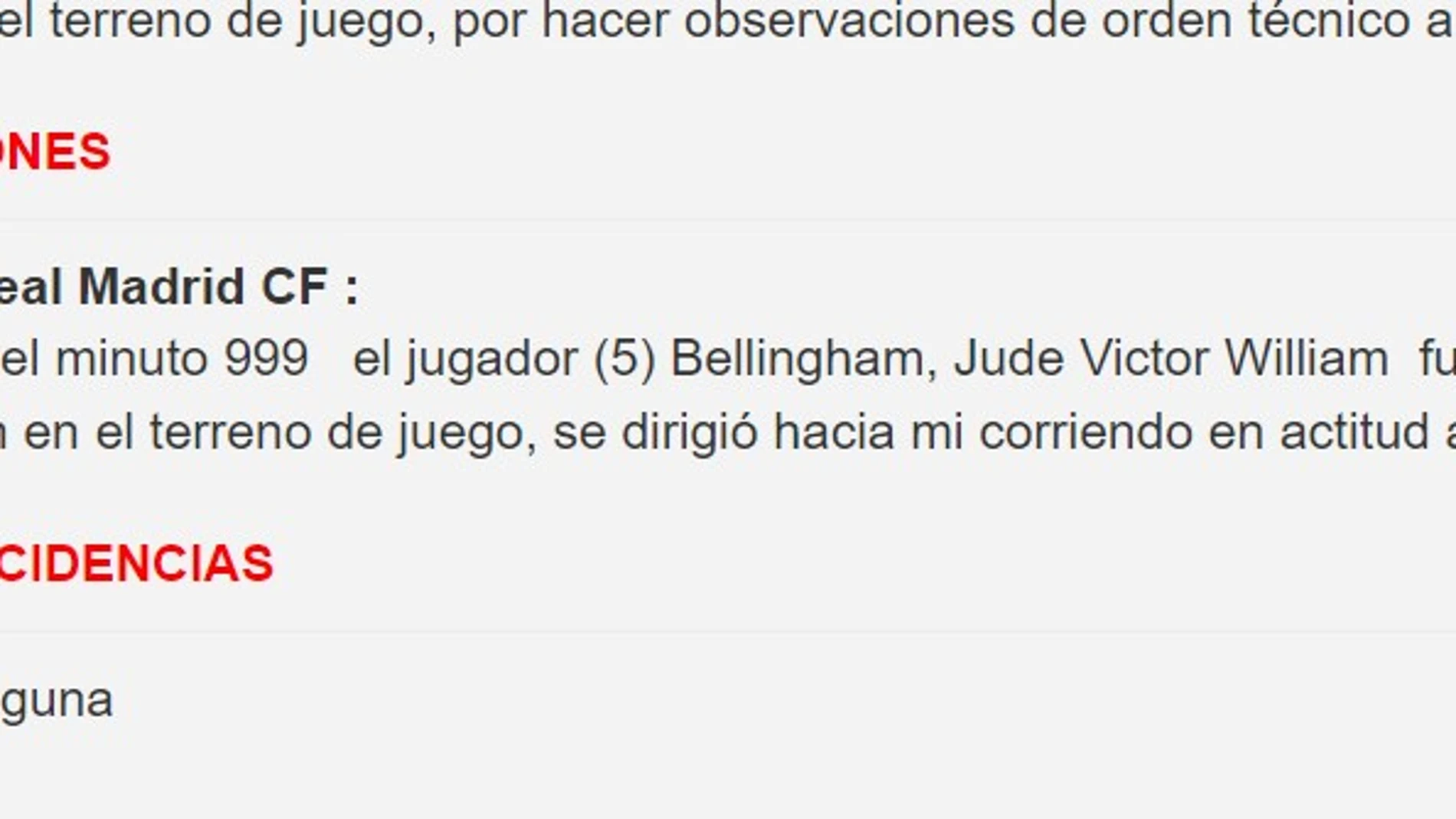 El acta del Valencia - Real madrid