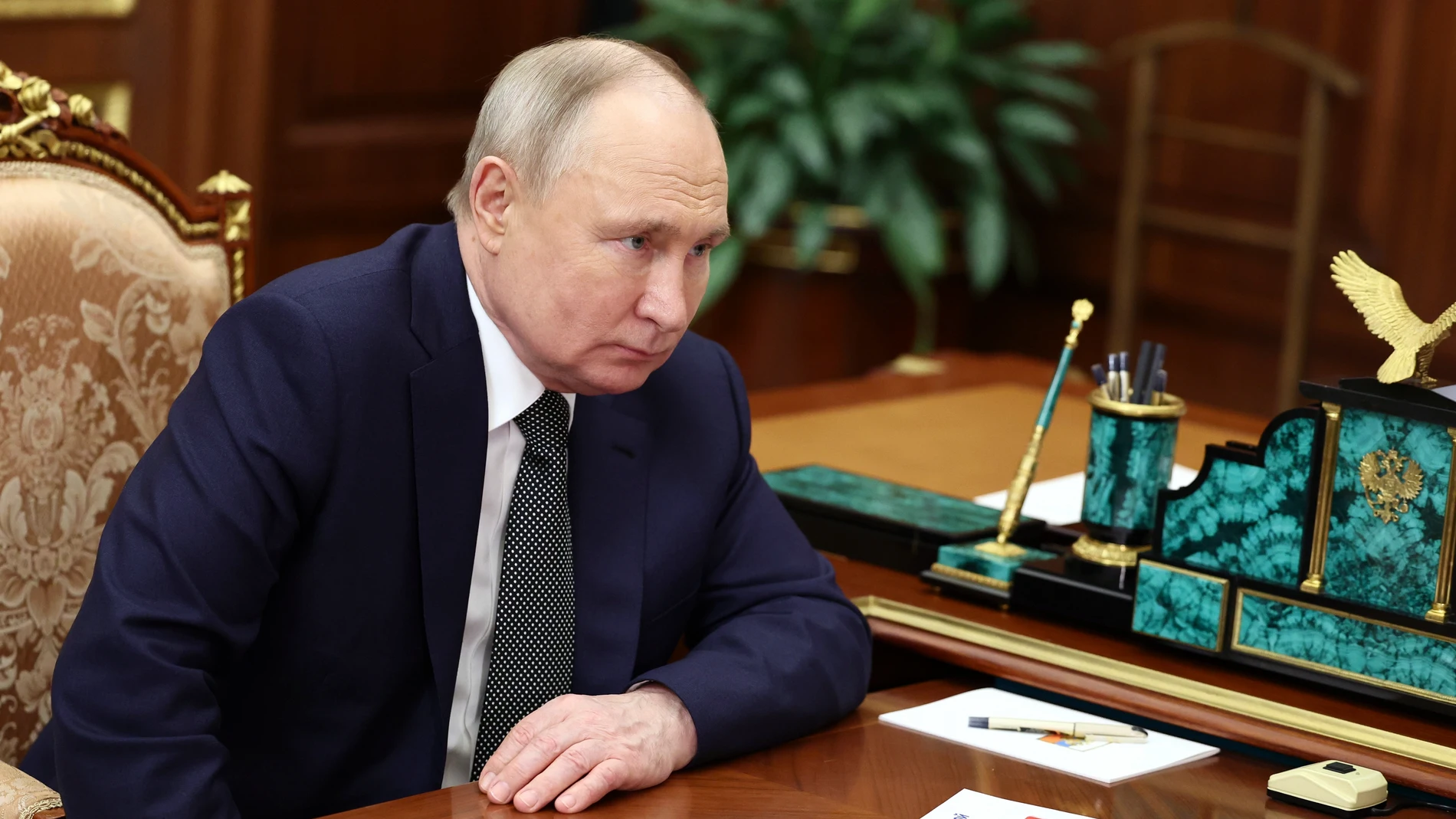 Russian President Vladimir Putin listens to Moscow Mayor Sergei Sobyanin during their meeting at the Kremlin in Moscow, Russia, Monday, March 4, 2024. (Mikhail Metzel, Sputnik, Kremlin Pool Photo via AP)