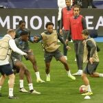 Loïs Openda, en el entrenamiento del Leipzig en el Bernabéu