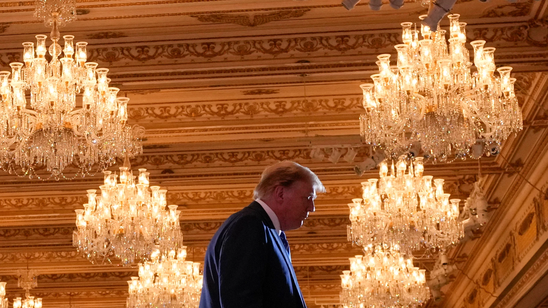 Republican presidential candidate former President Donald Trump departs after speaking at a Super Tuesday election night party Tuesday, March 5, 2024, at Mar-a-Lago in Palm Beach, Fla. (AP Photo/Evan Vucci)