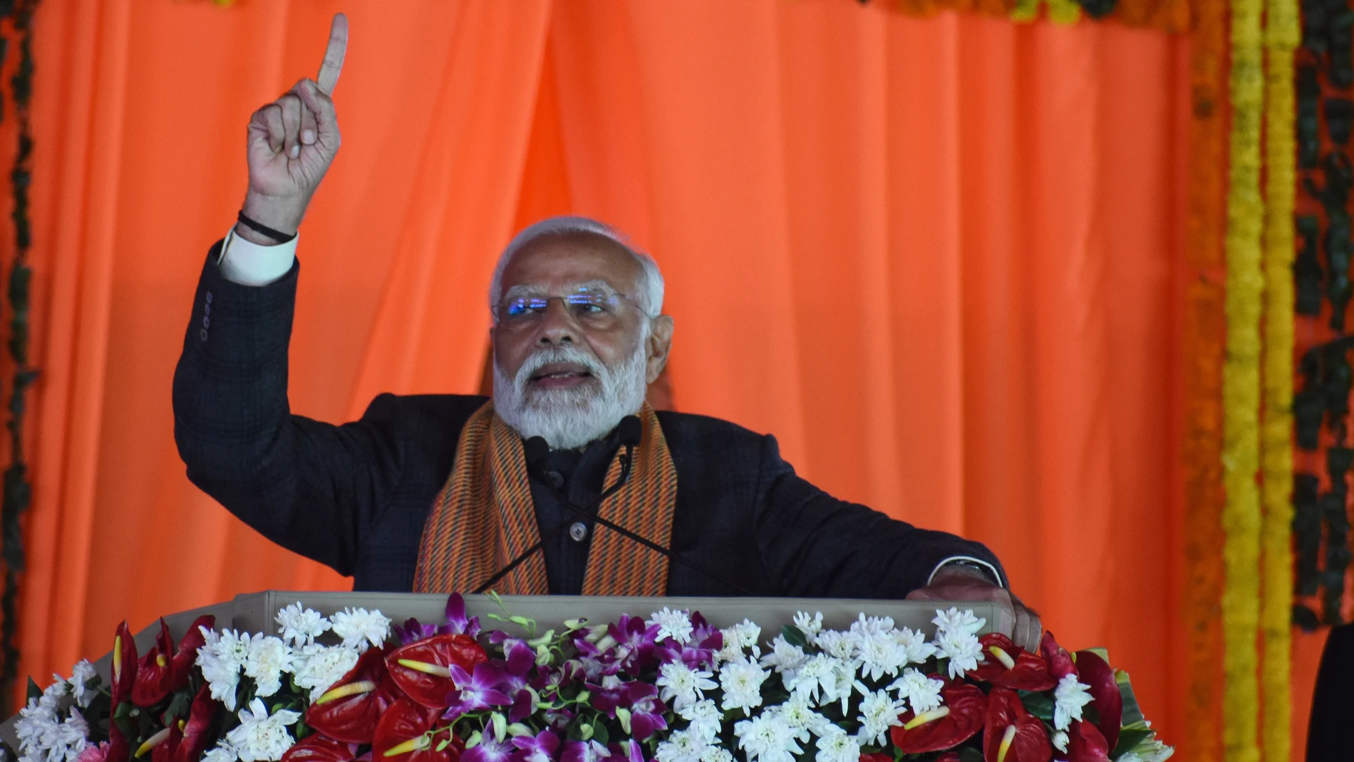 March 07, 2024, Srinagar, India : Indian Prime Minister, Narendra Modi, speaks during his working visit in Srinagar to announce the 9 Proyects of Ministry of Tourism under Swadesh Darshan and Prashad Scheme at the Bakshi Stadium. This is Modi's first visit to Himalayan region after the abrogation of Article 370. on March 07, 2024 in Srinagar, India. 07/03/2024