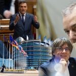 Aragonés, Sánchez, Puigdemont y Urkullu, junto a la fachada del Parlamento Europeos