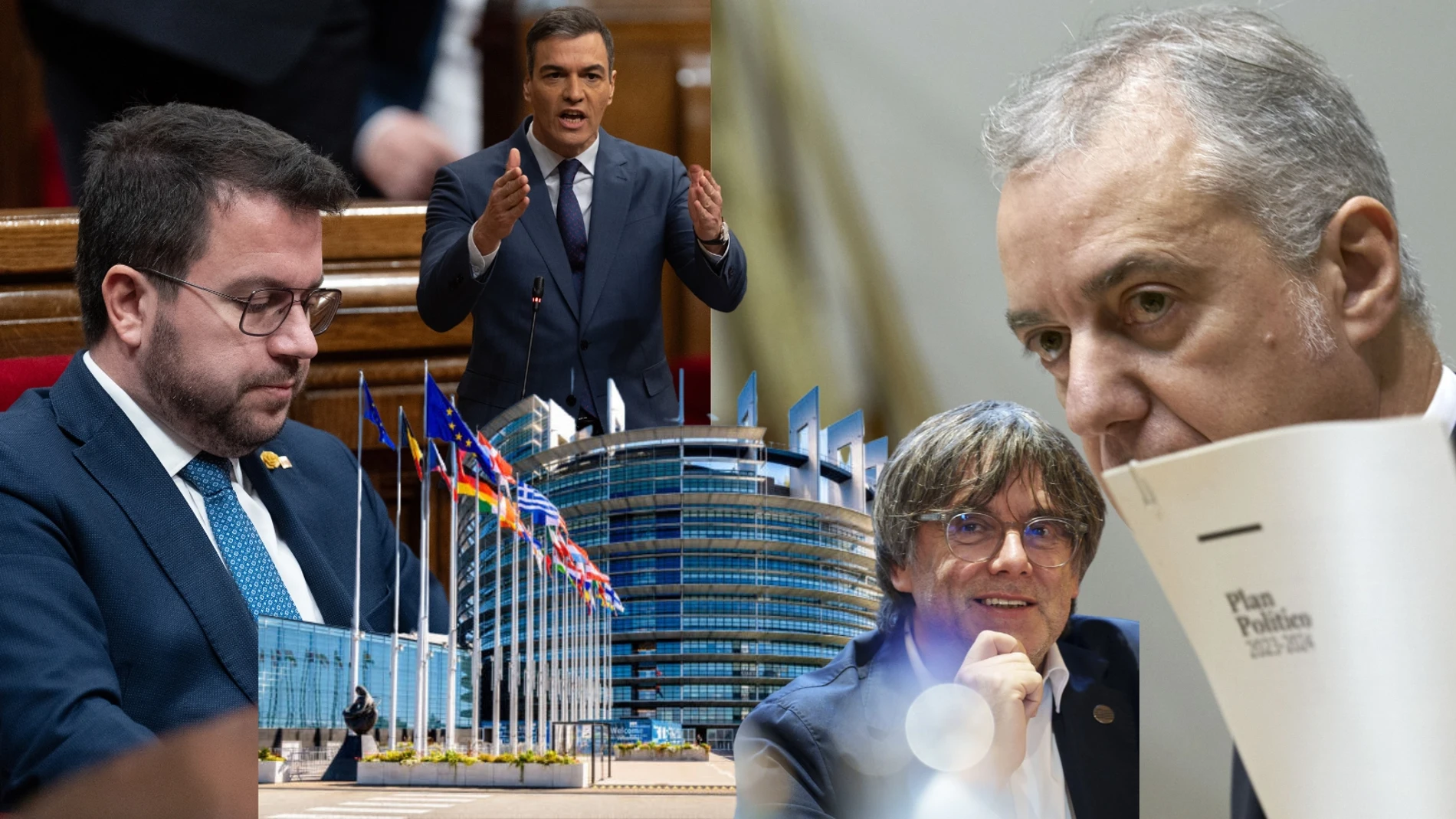 Aragonés, Sánchez, Puigdemont y Urkullu, junto a la fachada del Parlamento Europeos
