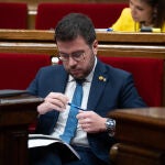 El presidente de la Generalitat, Pere Aragonès, en el pleno del Parlament sobre las enmiendas a la totalidad a los Presupuestos de la Generalitat