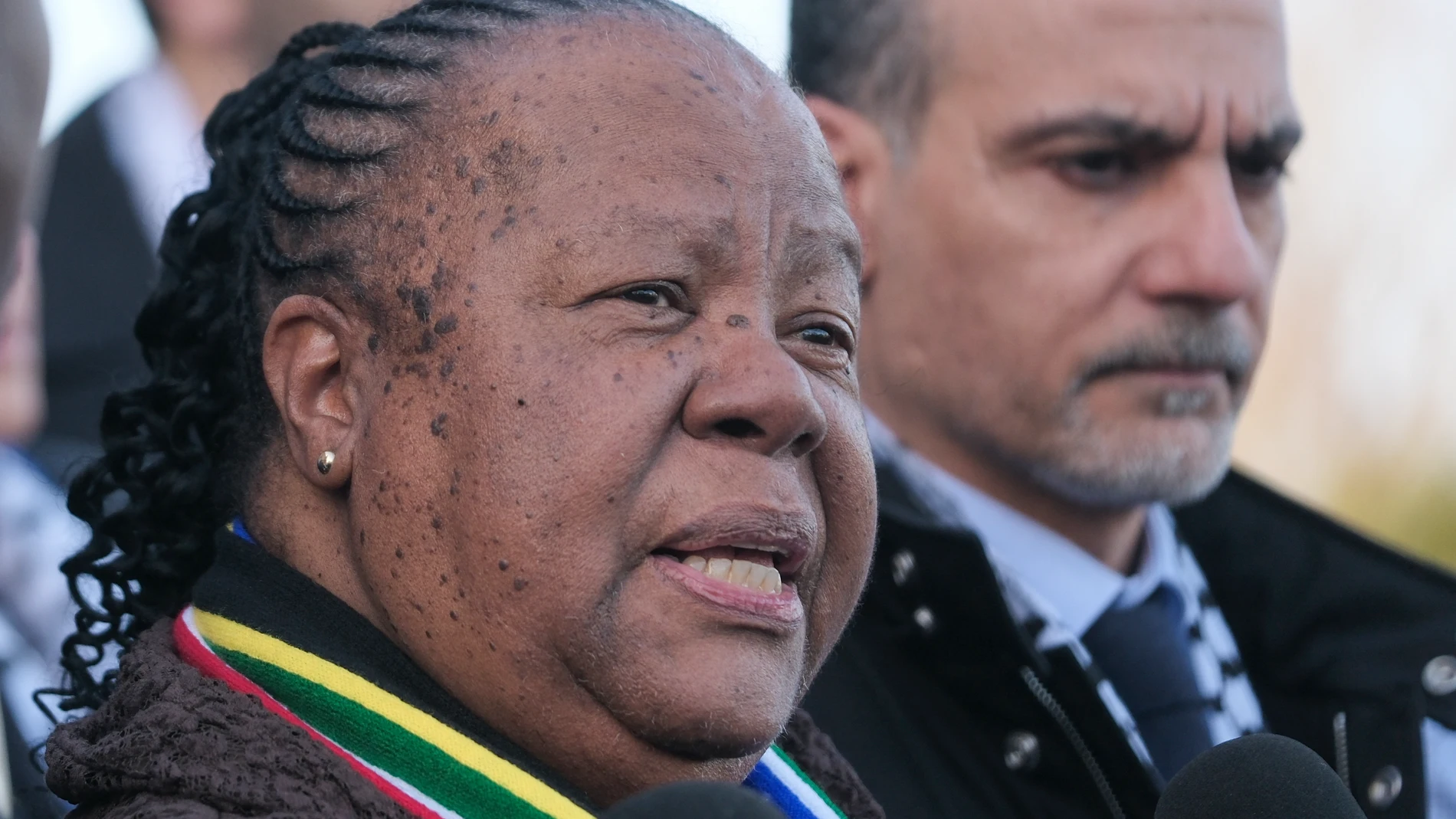 FILE - South Africa's Foreign Minister Naledi Pandor addresses reporters after session of the International Court of Justice, or World Court, in The Hague, Netherlands, Friday, Jan. 26, 2024. South Africa’s foreign minister says her country’s citizens who fight in the Israeli armed forces or alongside them in Gaza will be arrested when they return home. (AP Photo/Patrick Post, File)