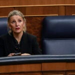 Maria Jesus Montero, Oscar Puente Yolanda Diaz, y Bola–os en el Pleno del Congreso que vota la amnistia. David