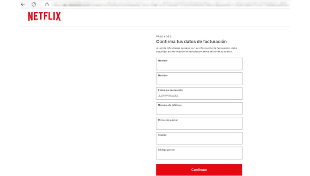 Cuando la web fraudulenta pide datos personales, muestra el campo Nombre duplicado.