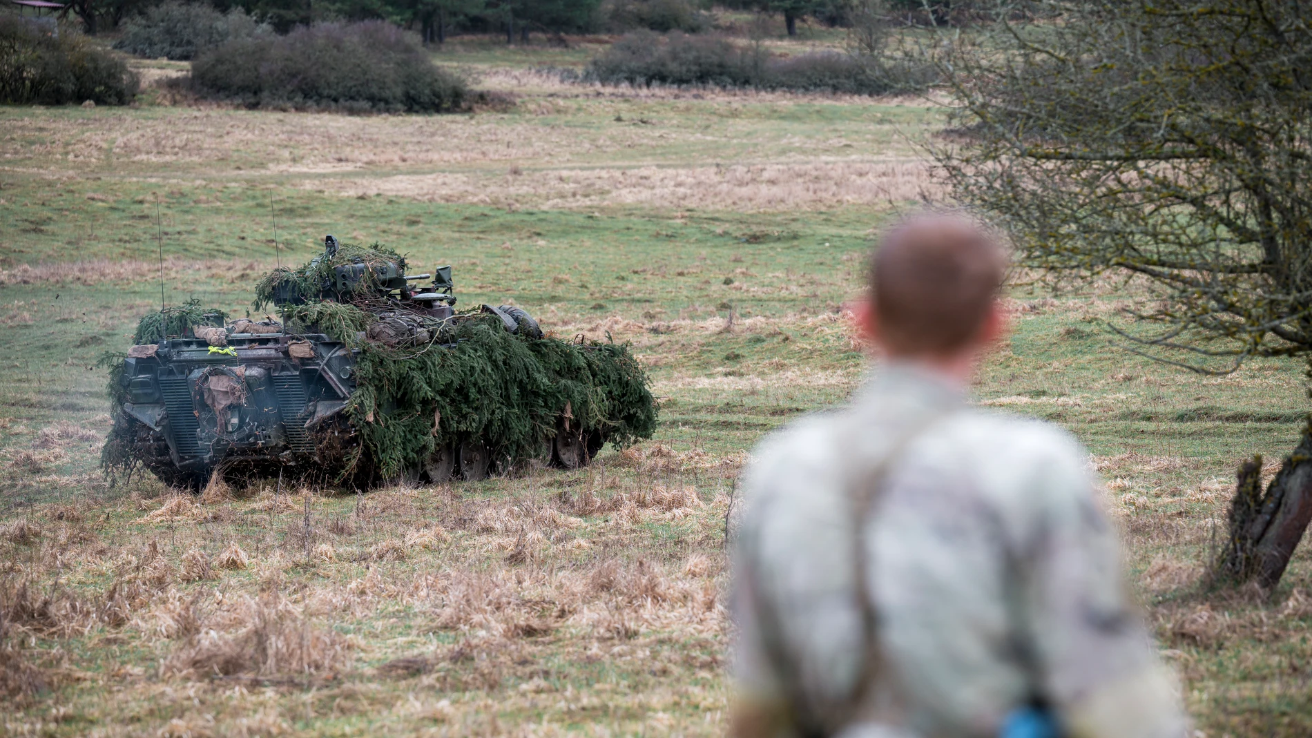 An SPZ Marder tank drives across the site during the "Allied Spirit 24" military exercise, in Hohenfels, Germany, Saturday March 16, 2024. The action took place on the media day of the U.S. Army's military exercise together with the NATO allies with around 6500 participants. (Daniel Vogl/dpa via AP)