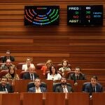 Imagen de Mañueco, Gallardo, Gago, Carriedo y Veganzones junto a la bancada del PP durante una de las votaciones en el hemiciclo