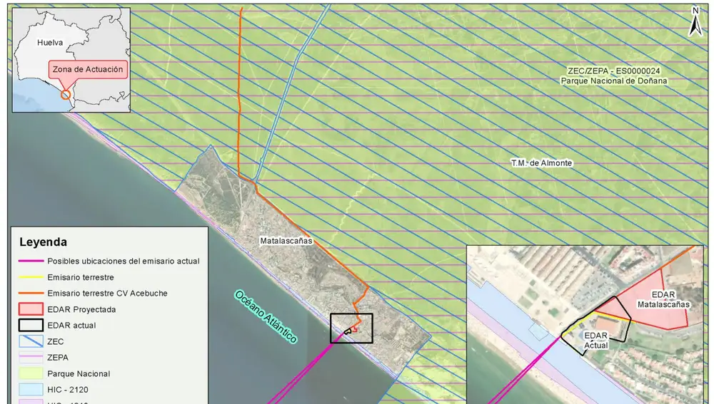 El plano permite ver cómo la conducción se adentra en Doñana varios kilómetros