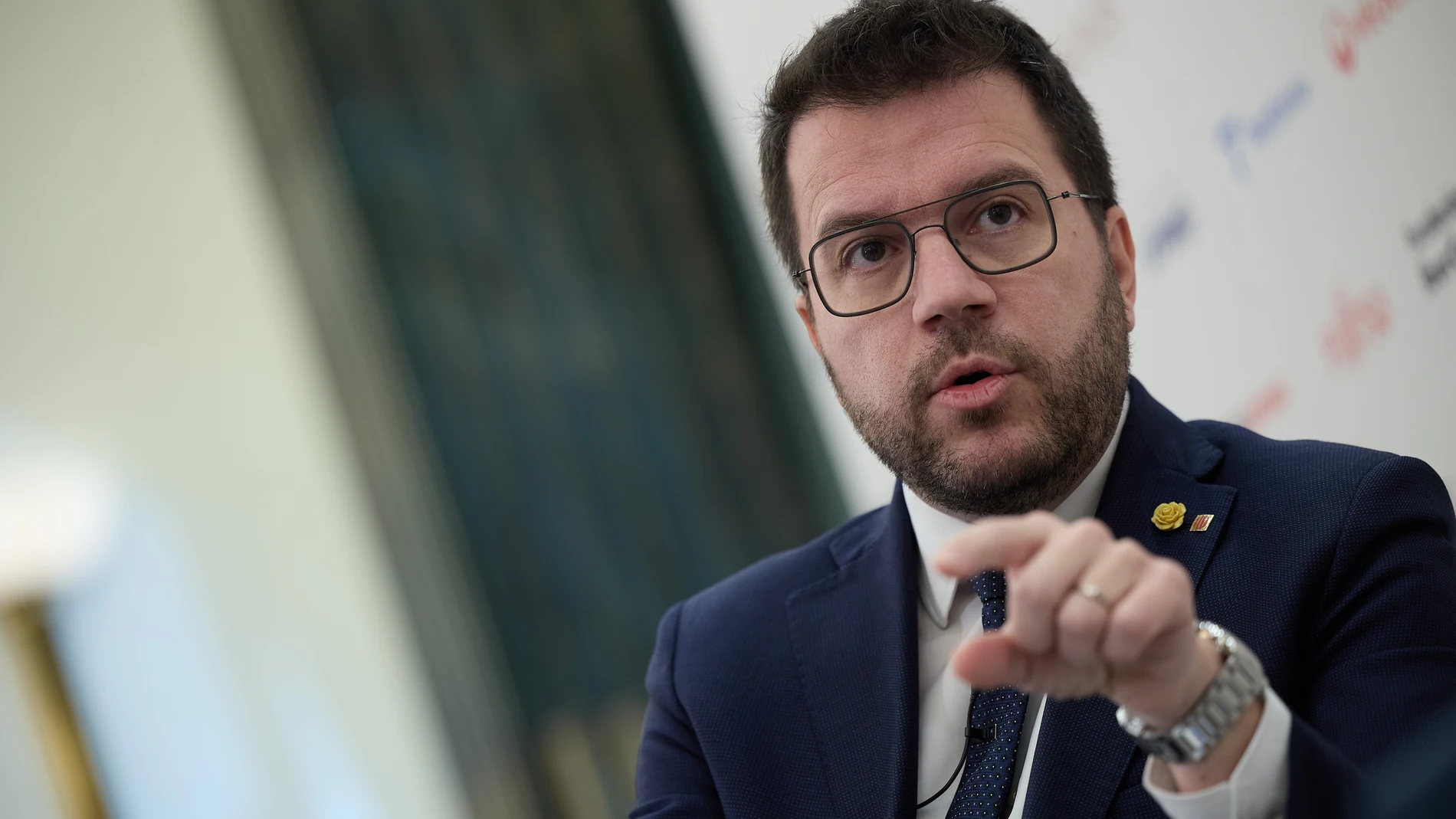 El presidente de la Generalitat de Catalunya, Pere Aragonès, interviene durante un desayuno informativo de Europa Press, en el Hotel InterContinental Madrid, a 20 de marzo de 2024, en Madrid (España).20 MARZO 2024;PERE ARAGONES;CATALUNYA;GENERALITAT DE CATALUNYAJesús Hellín / Europa Press20/03/2024