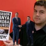De fondo, Pere Aragonés en su juventud con el cartel de "España ens roba" y ,delante, posa con Sánchez como presidente catalán