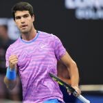 Carlos Alcaraz, of Spain, celebrates a point against Gael Monfils, of France, during the Miami Open tennis tournament, Monday, March 25, 2024, in Miami Gardens, Fla. 