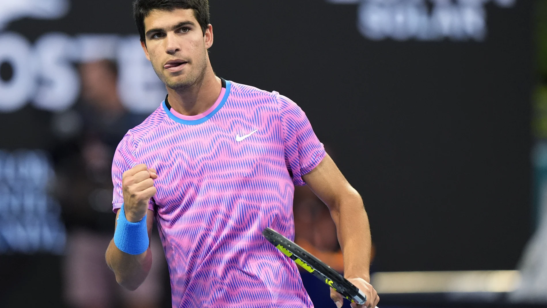 Carlos Alcaraz, of Spain, celebrates a point against Gael Monfils, of France, during the Miami Open tennis tournament, Monday, March 25, 2024, in Miami Gardens, Fla.