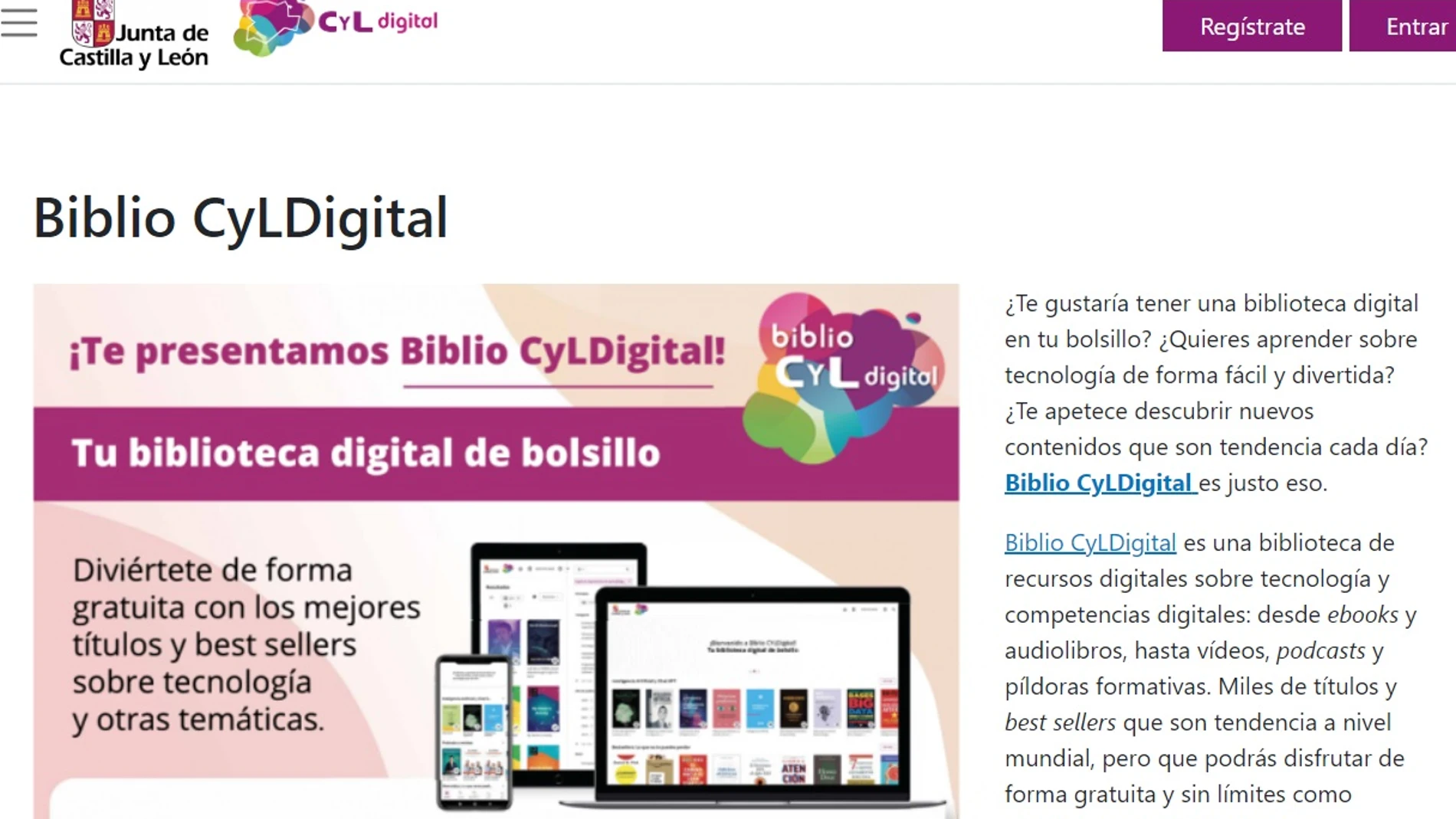 Imagen de la página web de la biblioteca online gratuita de la Junta