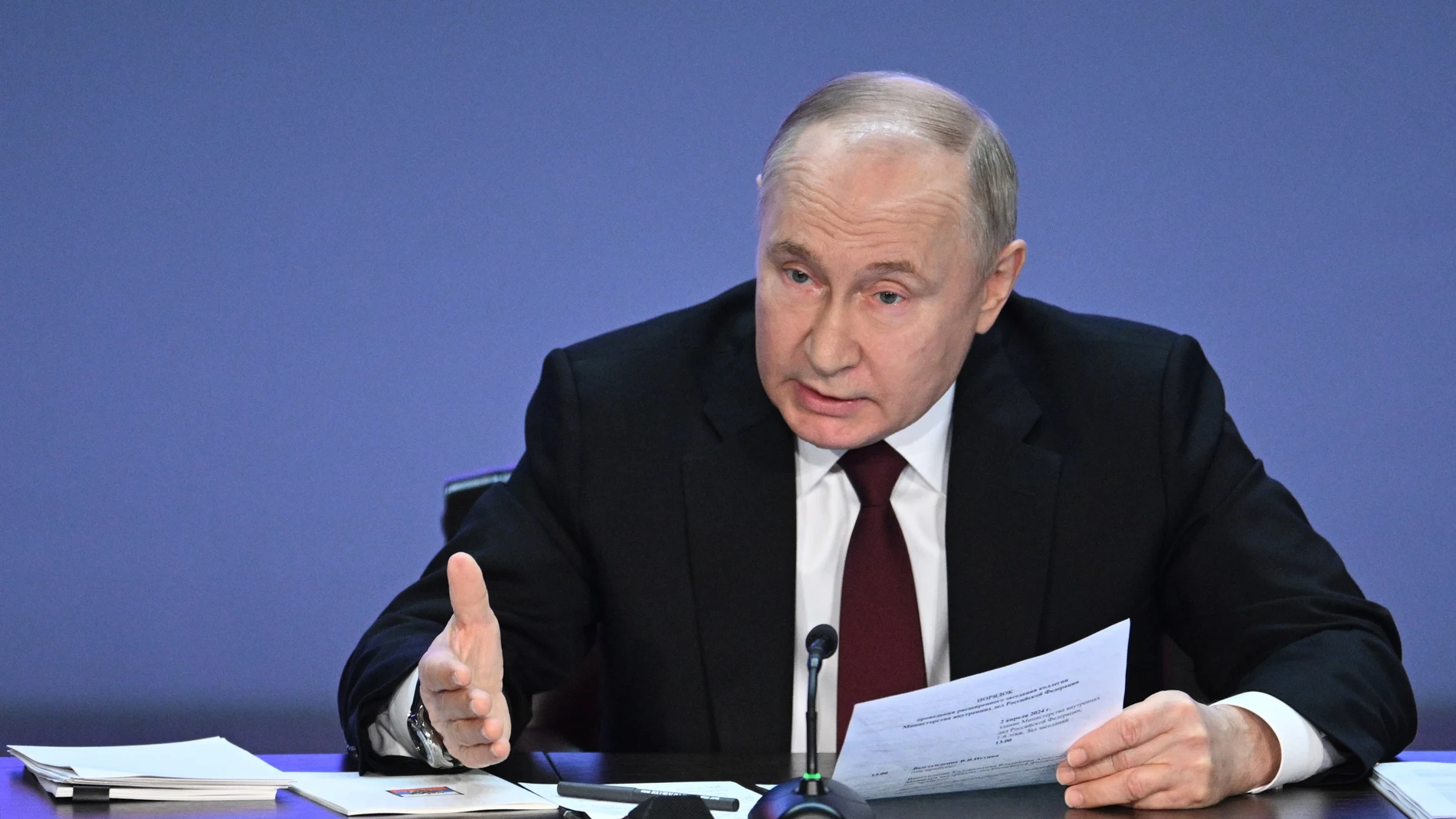 Moscow (Russian Federation), 01/04/2024.- Russian President Vladimir Putin speaks during an annual extended meeting of the Interior Ministry Board in Moscow, Russia, 02 April 2024. The Russian president urged, among other things, law enforcement and security services to tighten security on public gatherings in the wake of the 22 March terrorist attack on the concert hall in the Moscow region that killed at least 144 people. (Terrorista, Atentado terrorista, Rusia, Moscú) EFE/EPA/PAVEL BEDNYAK...