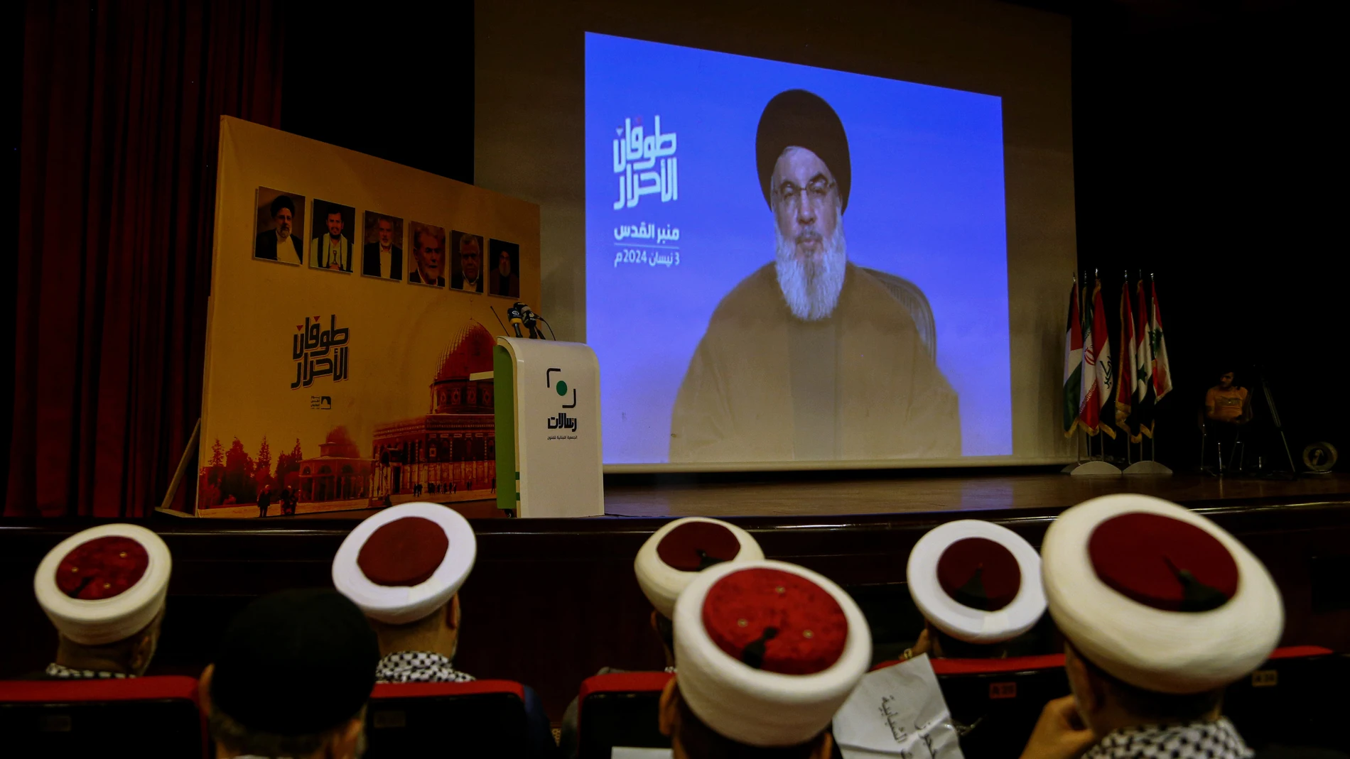 April 3, 2024, Beirut, Lebanon: Lebanese clerics listen to a televised speech by pro-Iranian Hezbollah Secretary General HASSAN NASRALLAH during an event ahead of al-Quds Day, on 5 April. Nasrallah as well as Ismail Haniyeh, chairman of Hamas’s political bureau, Ziad Nakhalah, leader of the Palestinian Islamic Jihad and Abdul-Malik Badruldeen Al-Houthi, leader of Yemeni Houthi movement and other officials gave speeches in the ceremony. 03/04/2024