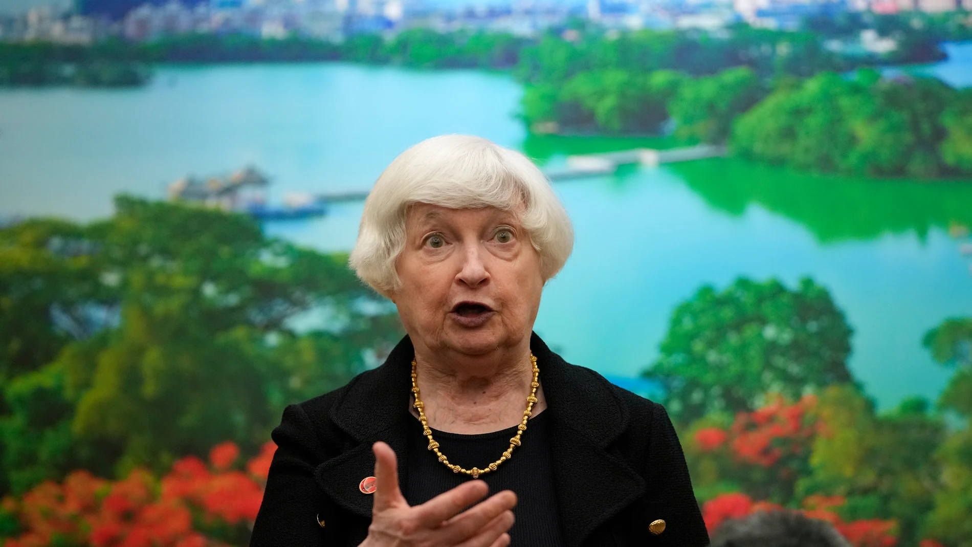 U.S. Treasury Secretary Janet Yellen speaks to the journalists after meeting with Chinese Vice Premier He Lifeng, at the Guangdong Zhudao Guest House in southern China's Guangdong province, Saturday, April 6, 2024. (AP Photo/Andy Wong, Pool)