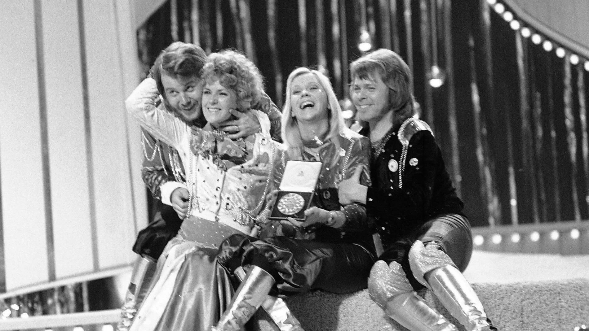 In this April 6, 1974 file photo, Swedish pop group ABBA celebrate winning the 1974 Eurovision Song Contest on stage at the Brighton Dome in England with their song Waterloo.