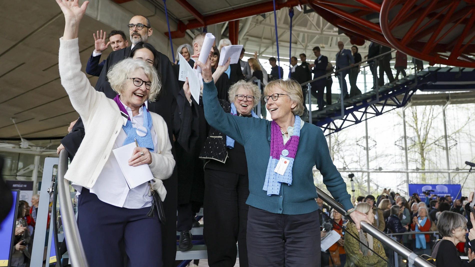 ctivists of Climate Seniors from Switzerland celebrate as they leave the European Court of Human Rights (ECHR), after the judgement in a case against different European countries accused of climate inaction at the European court of Human Rights in Strasbourg, France, 09 April 2024.